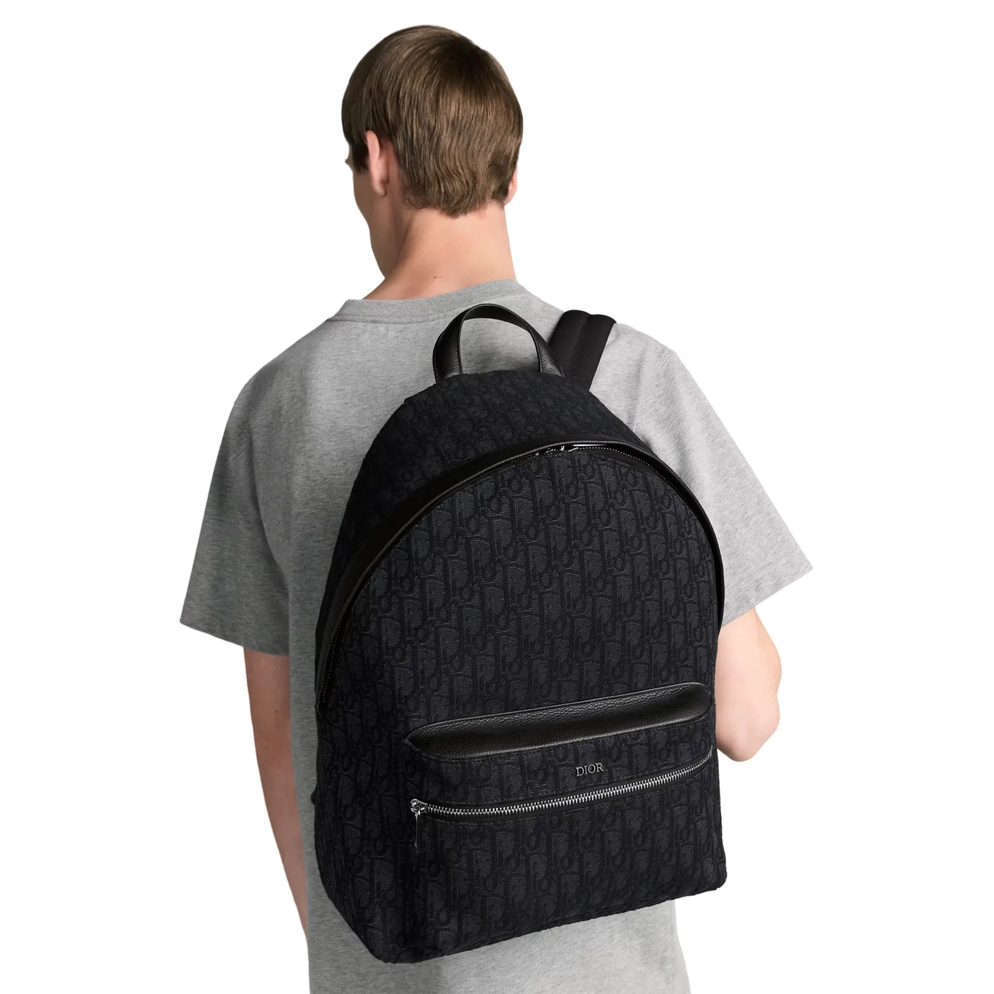 Model View of Dior Oblique Jacquard Rider Black Backpack 1VOBA088YKY_H00N